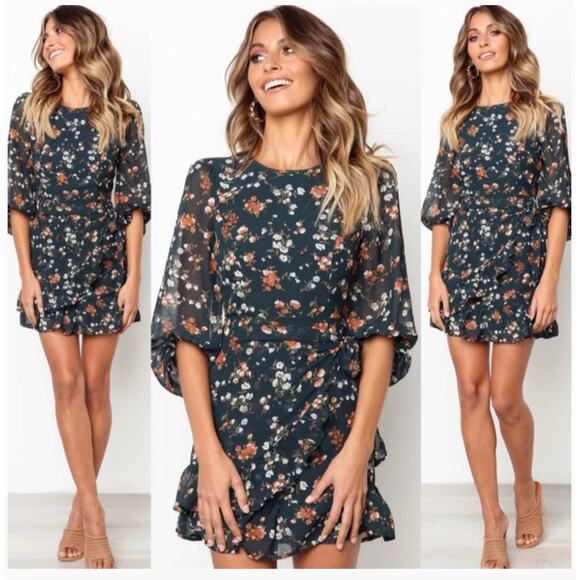 Petal & Pup Dress Womens US 8 Green Laurie Floral Wrap Ruffle Tie Waist Mini - Picture 1 of 9